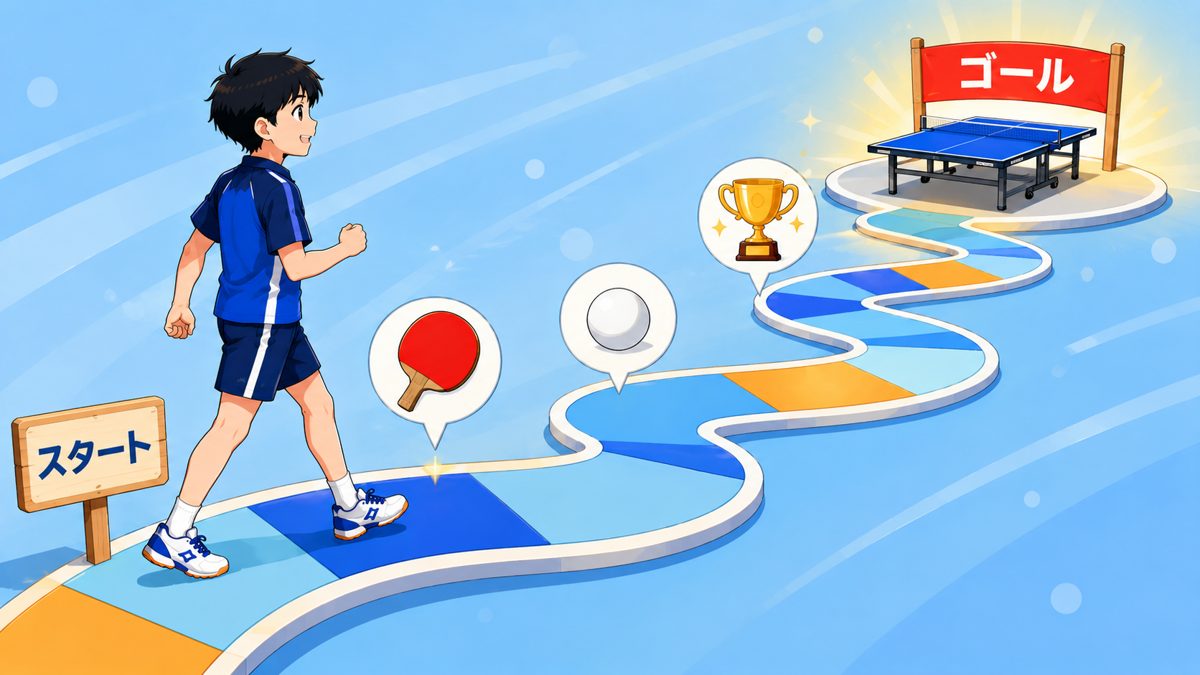 卓球初心者ロードマップ：スタートからゴールまでのすごろく風の道（アニメ風イラスト）