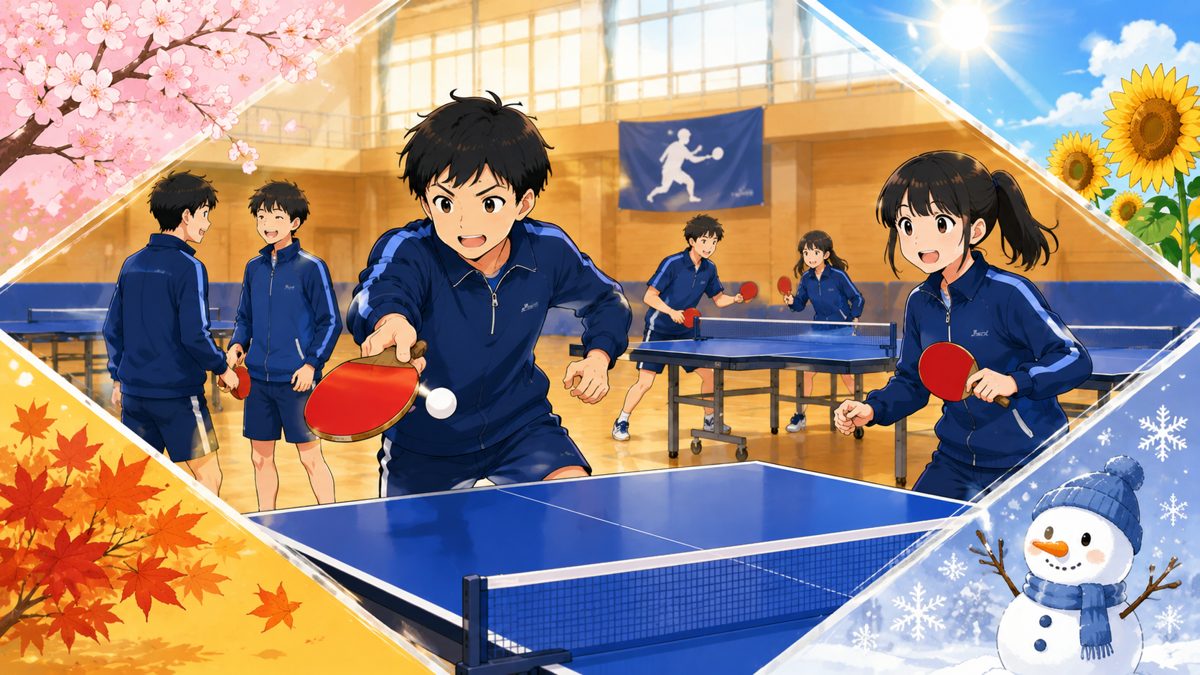 四季と卓球部の練習風景（アニメ風イラスト）