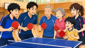 卓球台を囲む4世代の家族（アニメ風イラスト）