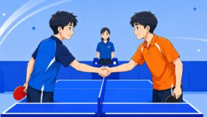試合の流れとマナーのイラスト。卓球台をはさんで2人の選手が握手を交わし、後ろに審判が座っている
