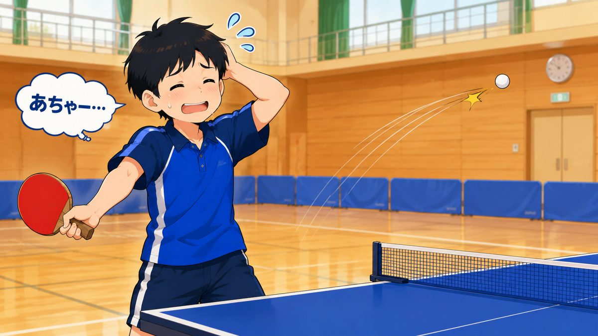 ミスして苦笑いする卓球初心者の少年（アニメ風イラスト）