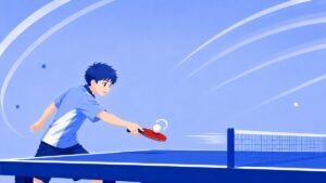 ツッツキを打つ場面のイラスト。選手が台の近くでラケットの面を上に向け、低い打点でボールをとらえている