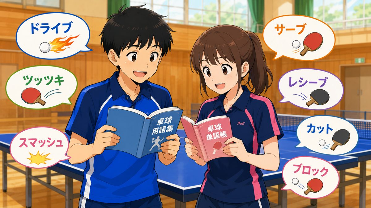 卓球用語集を読む初心者の男女（アニメ風イラスト）