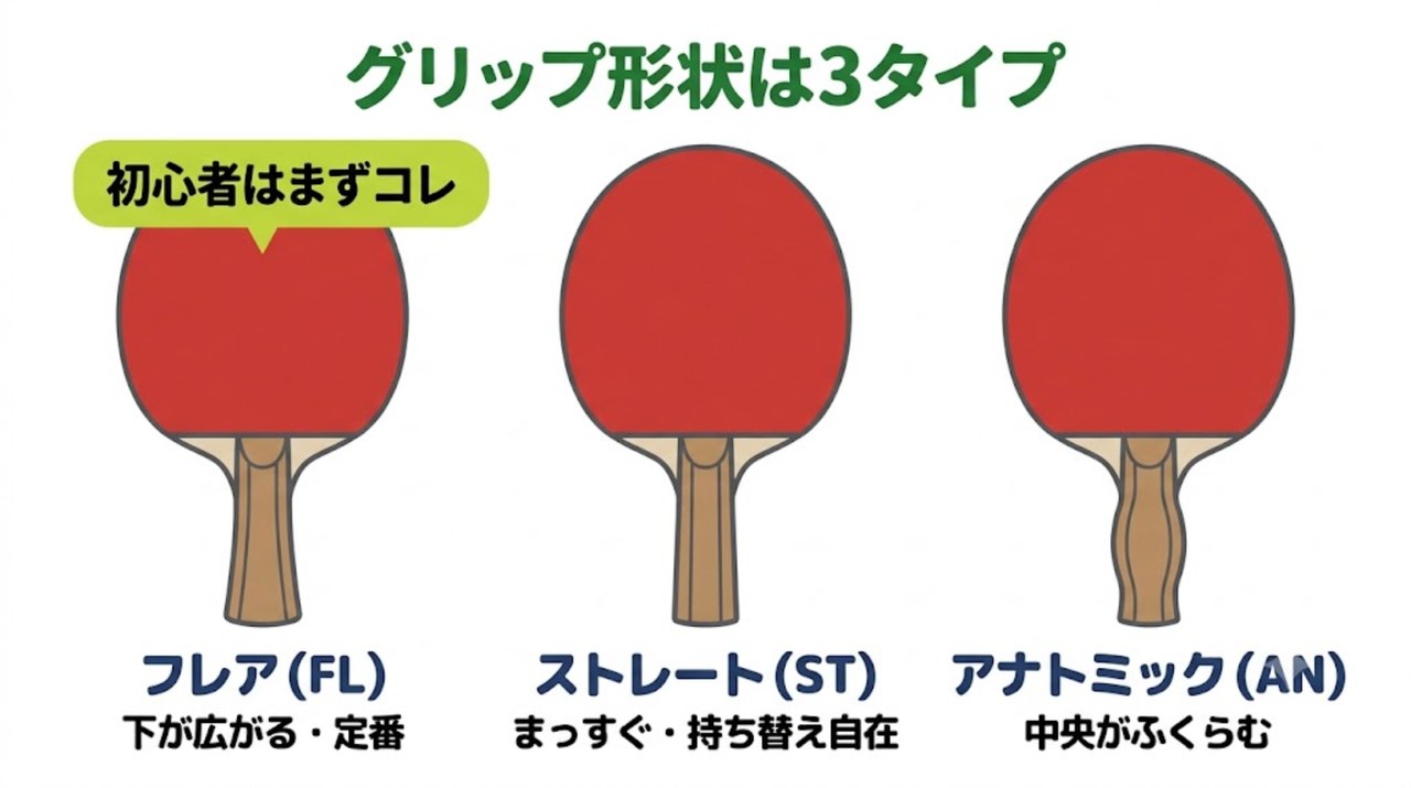 卓球ラケットのグリップ形状3タイプ(フレア・ストレート・アナトミック)の比較図