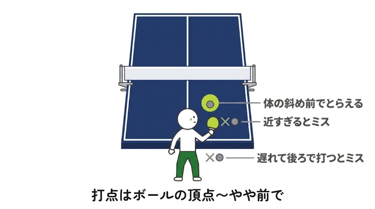 フォアハンドは体の斜め前で打点をとることを示す図