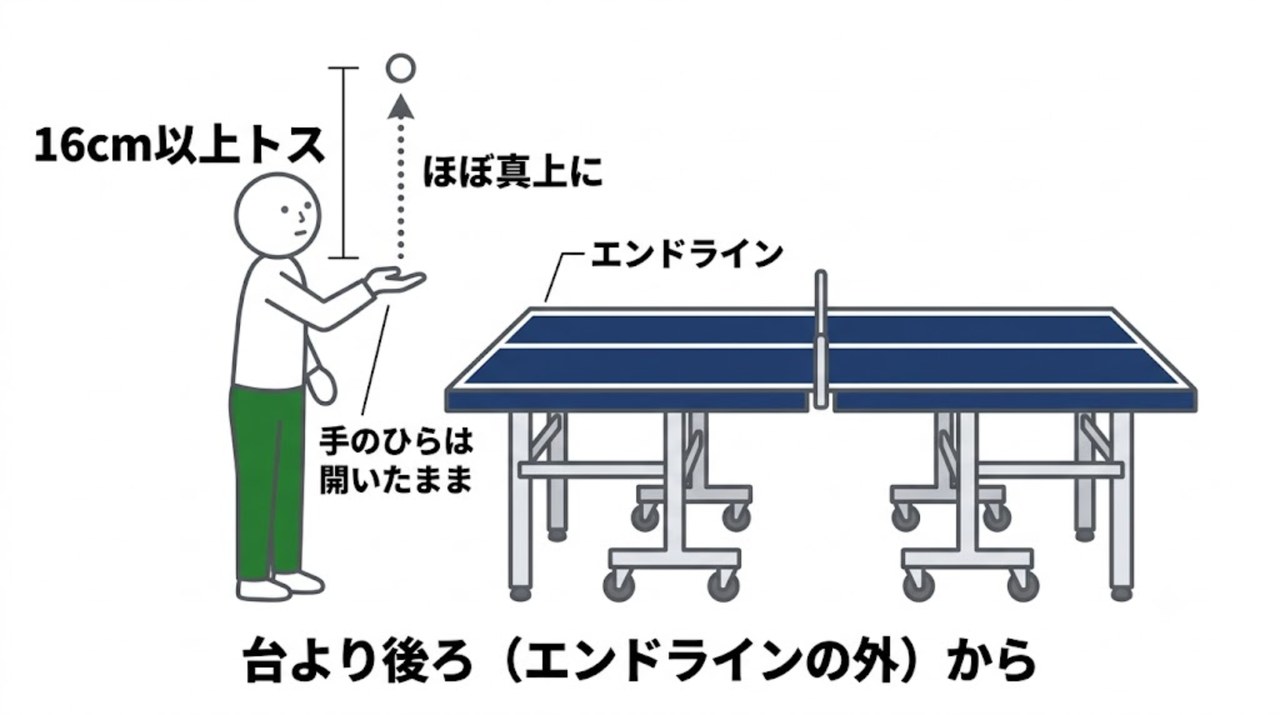 サーブは手のひらを開き16cm以上真上にトスすることを示す図