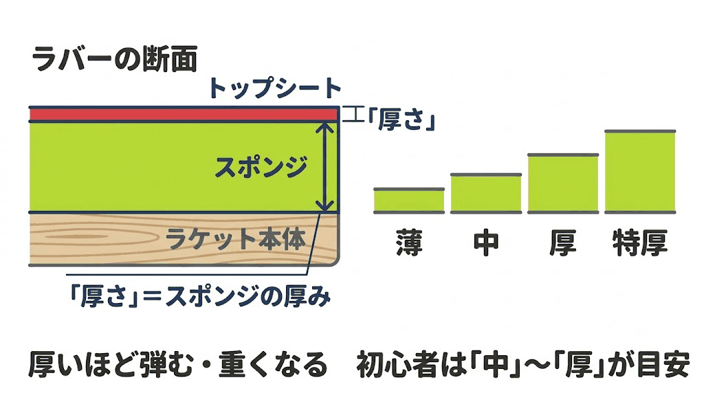 ラバーの断面図とスポンジの厚さ4段階を示す図