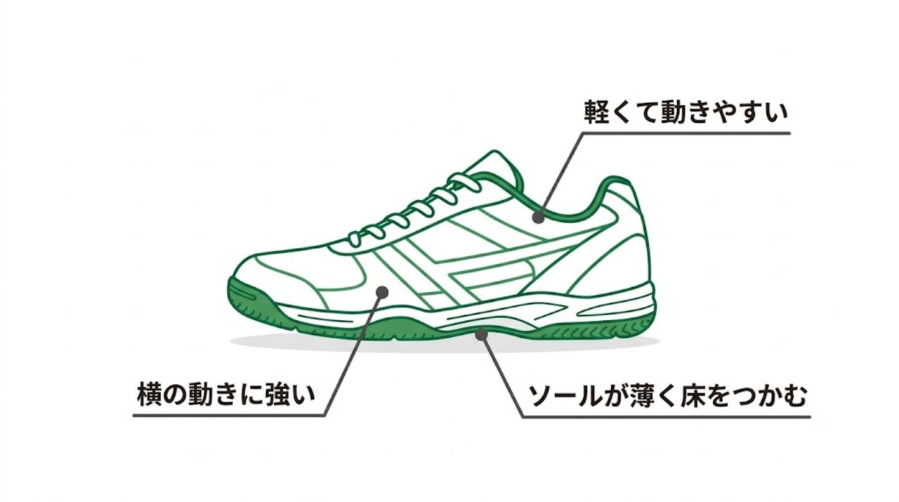 卓球シューズの3つの特徴（軽さ・横の動き・薄いソール）を示す図