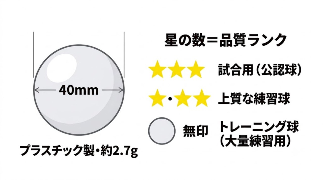 卓球ボールの直径40mmと星マークによる品質ランクを示す図