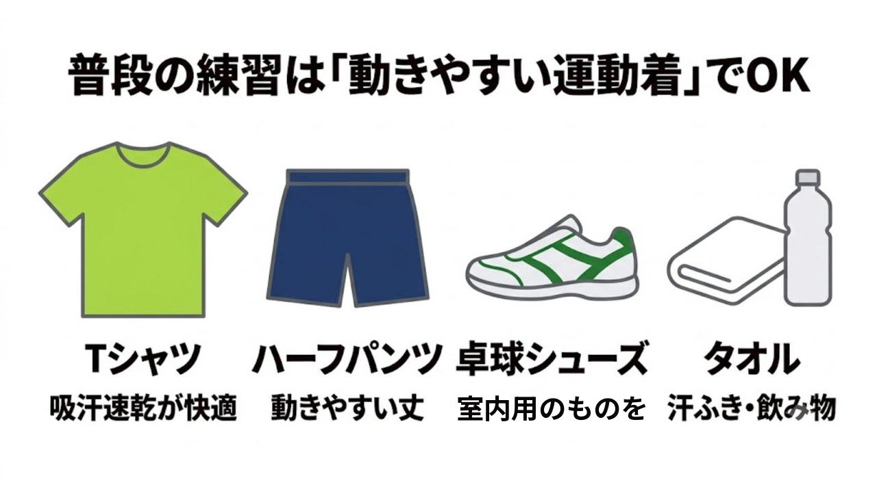 卓球の練習に必要な服装4点（Tシャツ・ハーフパンツ・シューズ・タオル）の図