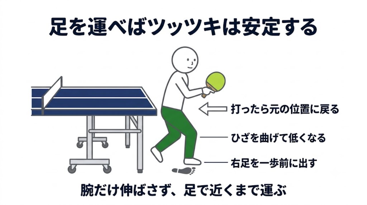 ツッツキは右足を一歩前に出しひざを曲げて低く構えることを示す図