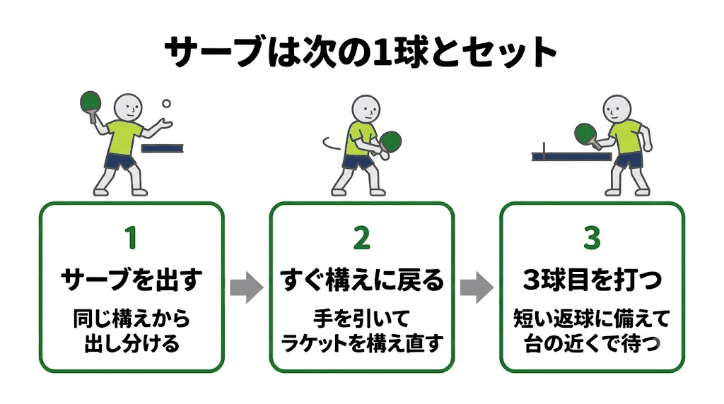 サーブのあとすぐ構えに戻り3球目に備える流れの図