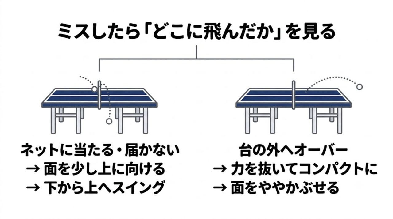 ミスがネットかオーバーかで原因と直し方を切り分ける図
