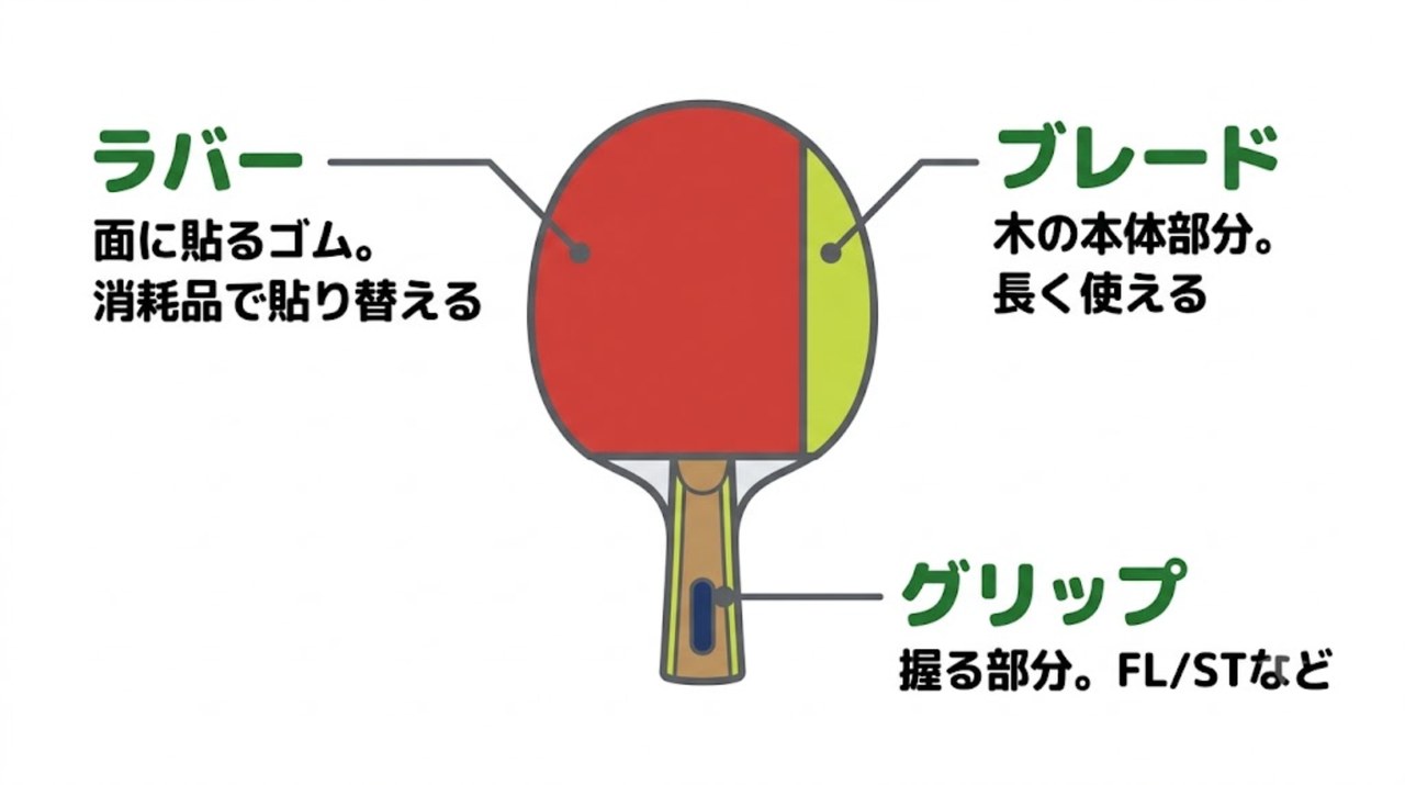 卓球ラケットの各部名称(ラバー・ブレード・グリップ)の図