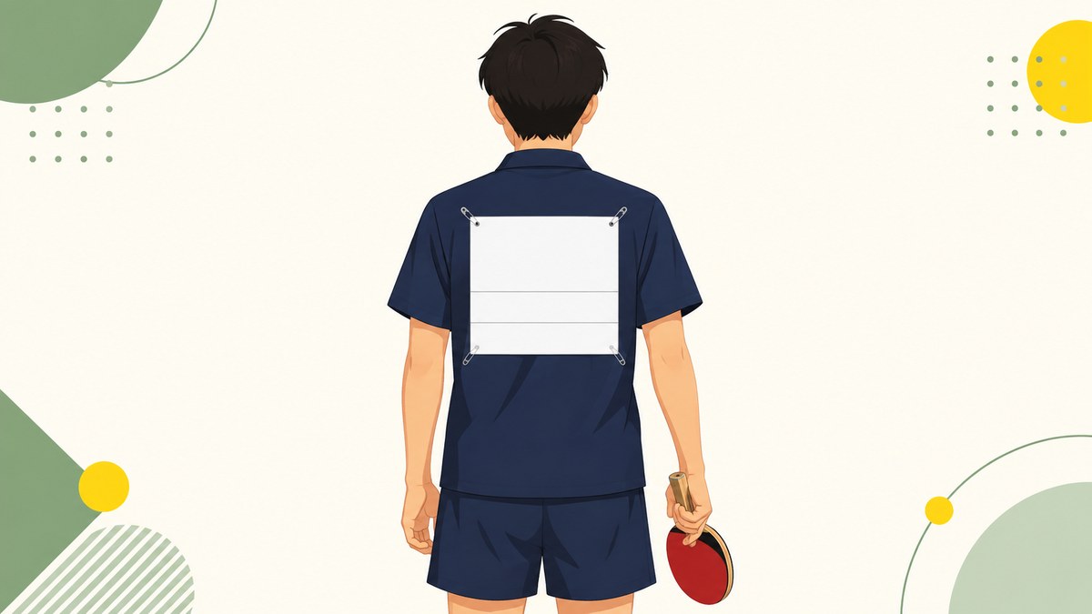 ゼッケンを背中の中央につけた選手を後ろから見た図。白い布が3段に分かれ、四すみを安全ピンで留めている