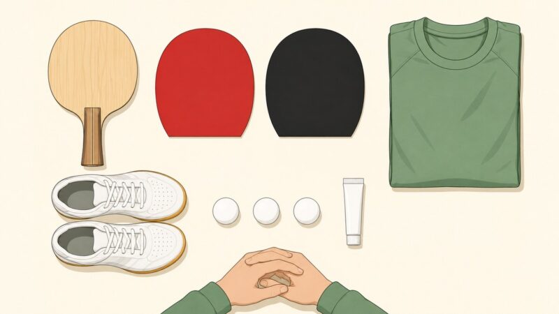 卓球を始めるときにそろえる用具一式を真上から並べた図。ラバーの貼っていない木のラケット、別売りのラバー2枚（赤と黒）、シューズ、ボール3個、接着剤、ウェア