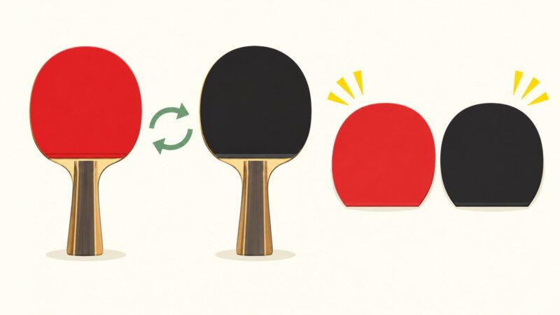 ラケットの表と裏にラバーを1枚ずつ貼ることを示した図。赤いラバーと黒いラバーが別々に置かれている