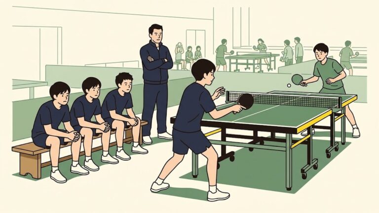 体育館での卓球の団体戦。手前の台で1人が試合をしており、左側のベンチにチームメイト3人と監督が座って見守っている