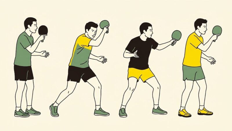 4人の選手が横一列に並び、それぞれ違う構えをしている図。台の近くでラケットを胸の前に構える人、大きく振り上げる人、ひざを曲げて低く構える人、ラケットの反対の面を前に向けている人