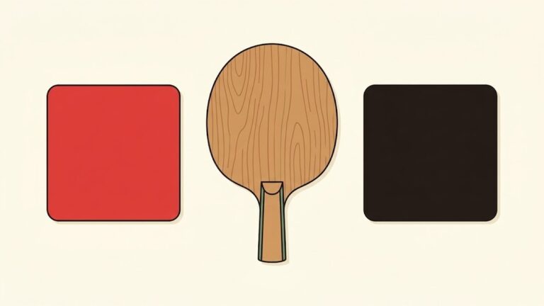 ラバーを貼っていない木のラケットを中央に、赤いラバーと黒いラバーを左右に並べて真上から見た図
