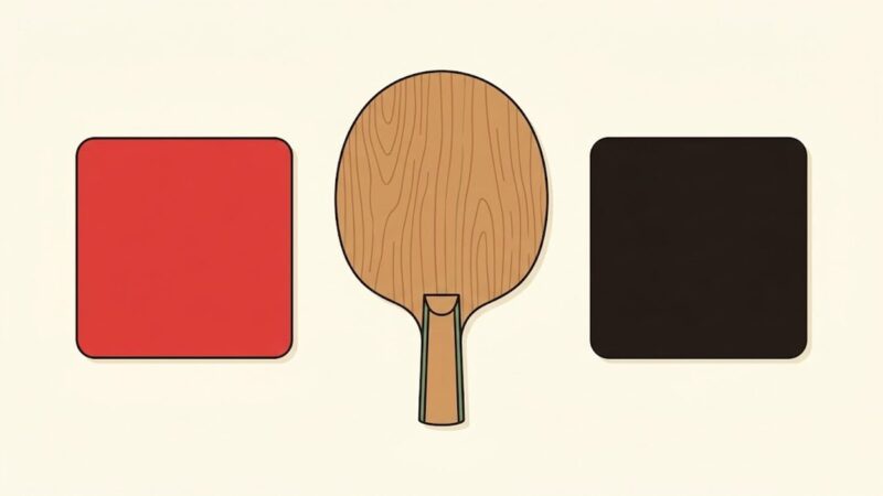 ラバーを貼っていない木のラケットを中央に、赤いラバーと黒いラバーを左右に並べて真上から見た図