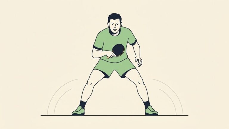 卓球の構えの姿勢を正面から見た図。足を肩幅より広く開き、ひざを曲げ、ラケットを体の前に構えている