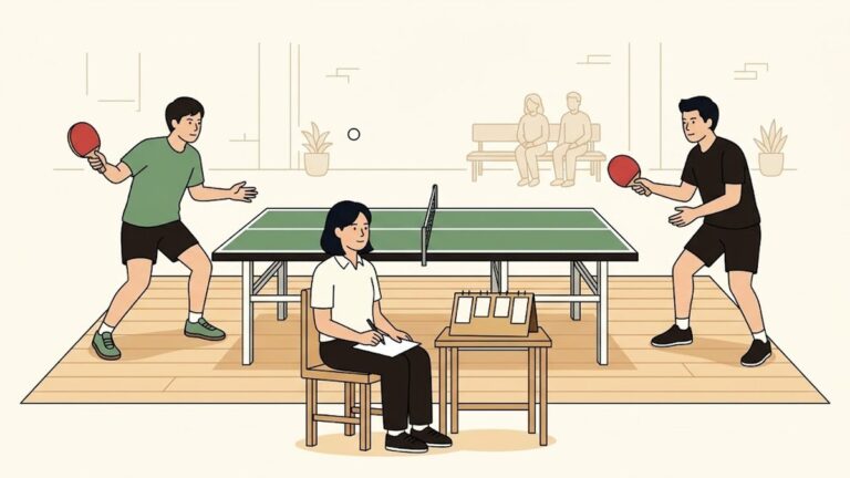 卓球の試合で審判が台のそばの椅子に座り、記録用紙と得点板を前にして両側の選手を見ている