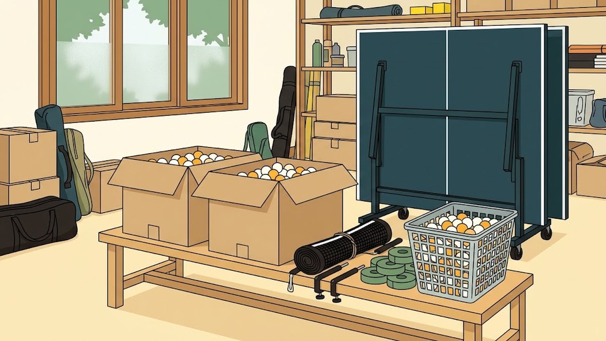 学校の倉庫に置かれた卓球部の備品。練習球が詰まった段ボール2箱、球がいっぱい入った球かご、巻いたネットとサポートの留め具、サイドテープのロール、奥に折りたたんだ卓球台が並んでいる