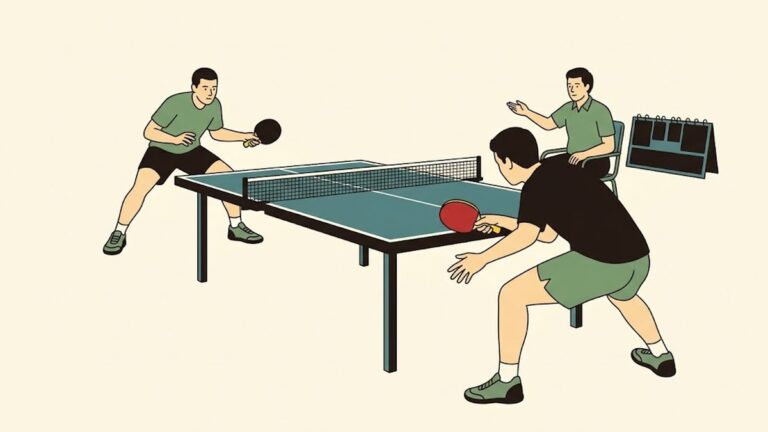 卓球の試合の終盤。台をはさんで2人の選手が低く構え、台の脇に座った審判が次にサーブを出す側を手で示している。奥のスコアボードは空白