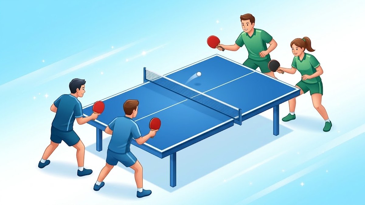 卓球のダブルスのルールを解説する記事のアイキャッチ。台を囲む4人の選手