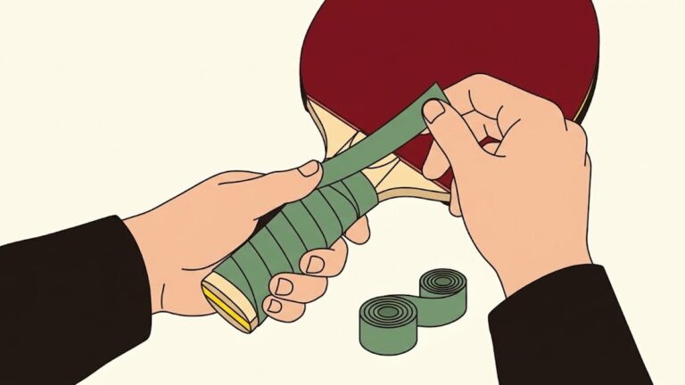 卓球ラケットのグリップにグリップテープを巻いているところ。テープを斜めに重ねながら柄の端から巻き上げており、赤いラバーの手前で止めている。横に同じテープのロールが置かれている