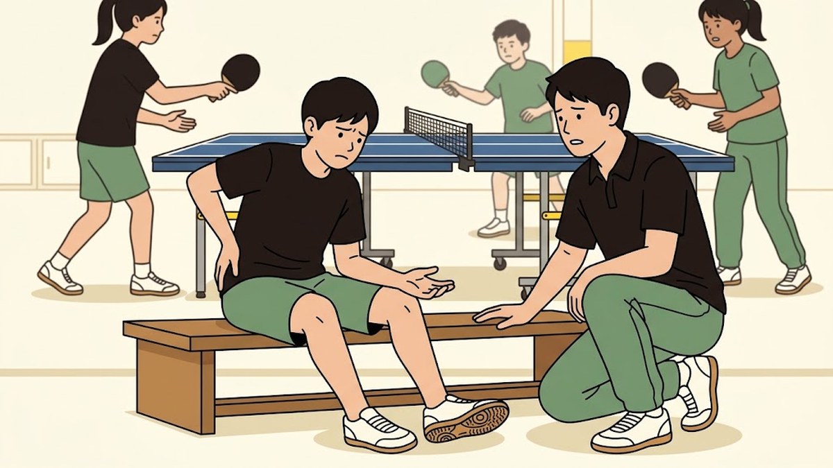 体育館のベンチに座った部員が腰に手を当てており、先輩がしゃがんで話を聞いている。奥では別の部員たちが卓球台で練習を続けている
