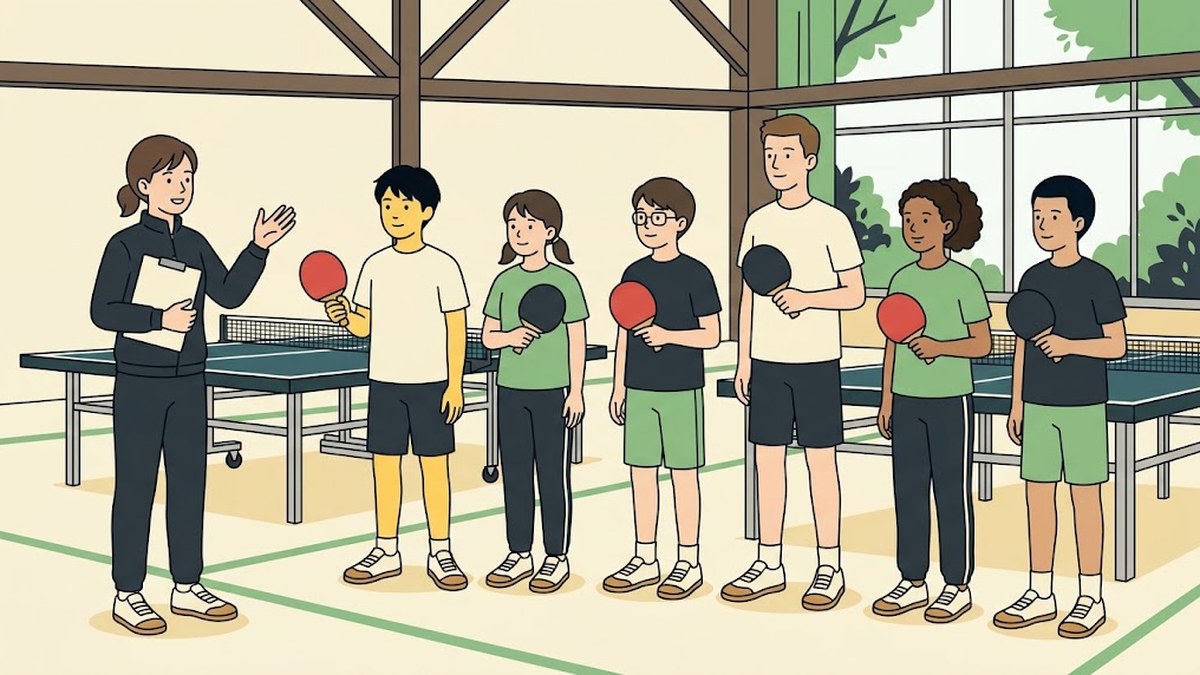 体育館で、ジャージ姿の先生がクリップボードを持ち、片手を上げて6人の部員に説明している。奥に卓球台が2台あり、部員はラケットを持って並んで聞いている