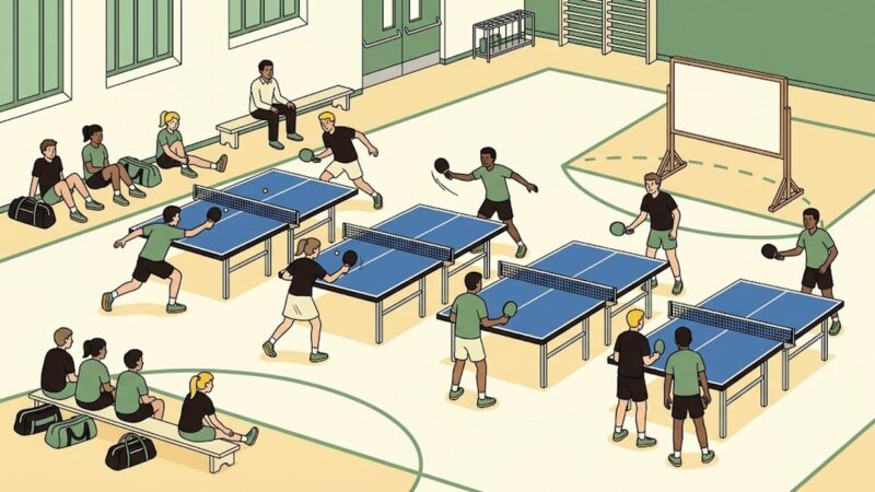 体育館で行われている卓球の大会の全景。4台の卓球台で試合が進んでおり、壁ぎわのベンチや床では出番を待つ選手たちがバッグを置いて座っている。奥のスコアボードは空白