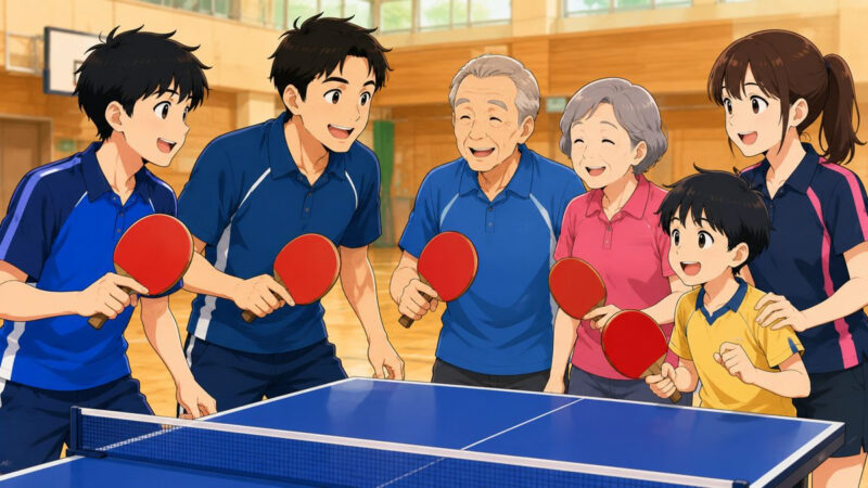 中学生から大人・シニア・子どもまで、年齢の違う人たちがラケットを持って卓球台を囲んでいるイラスト