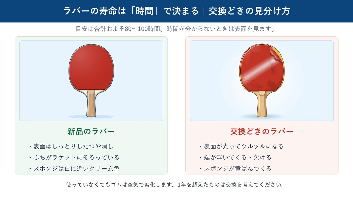 新品の卓球ラバーと交換どきのラバーを並べ、表面のつや・ふちの浮き・スポンジの色の違いを比べた図