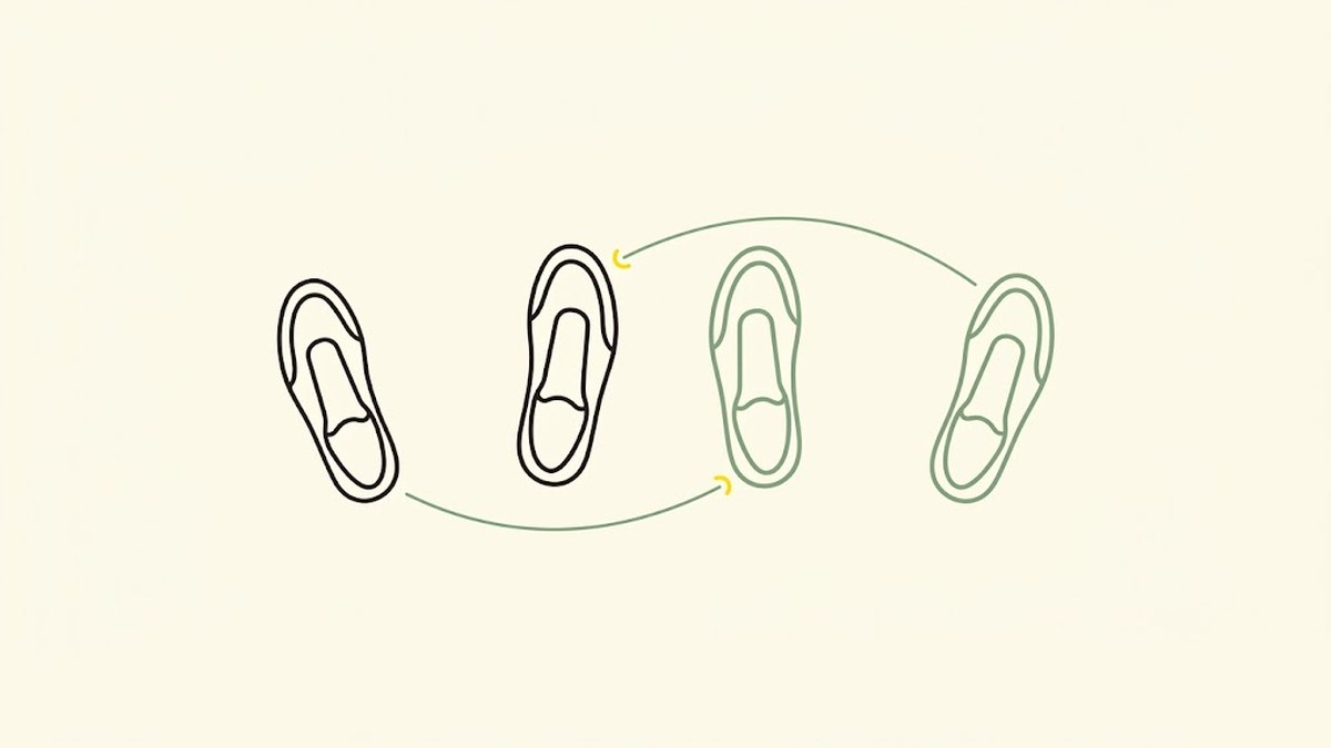 寄り足の足の運びを上から見た図。左右の足が交差せずに、同じ幅のまま横へ移動している