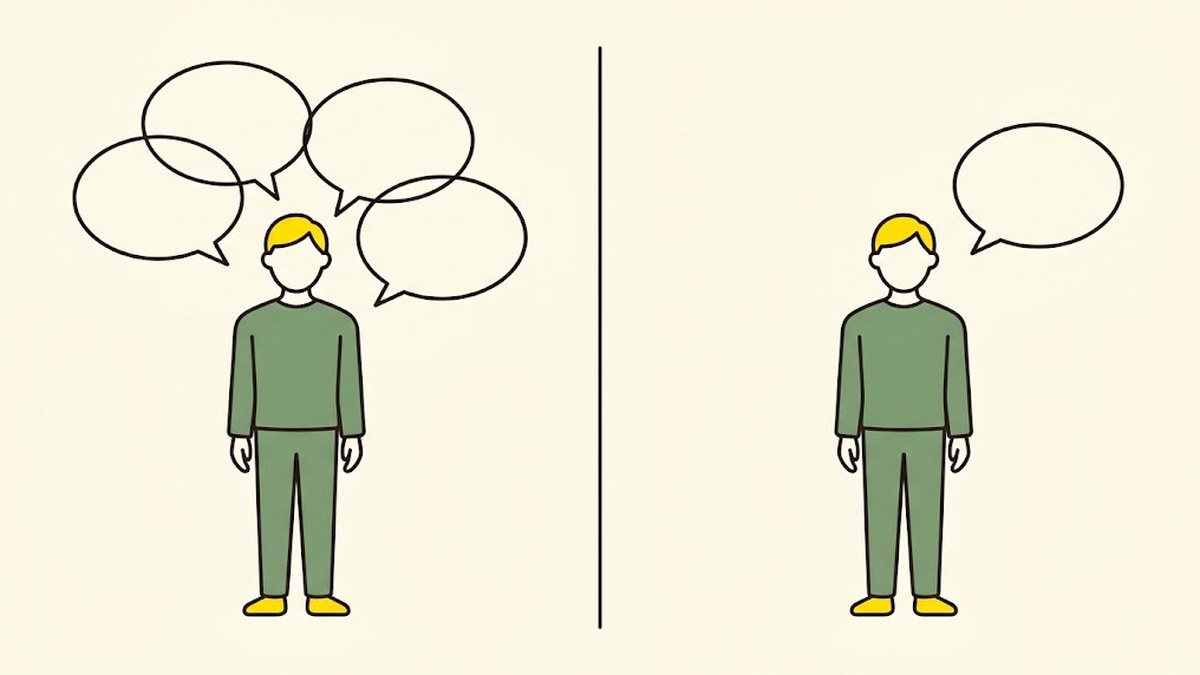 一度に4つ指示されて混乱している様子と、1つだけ伝えられて分かりやすい様子を並べた図