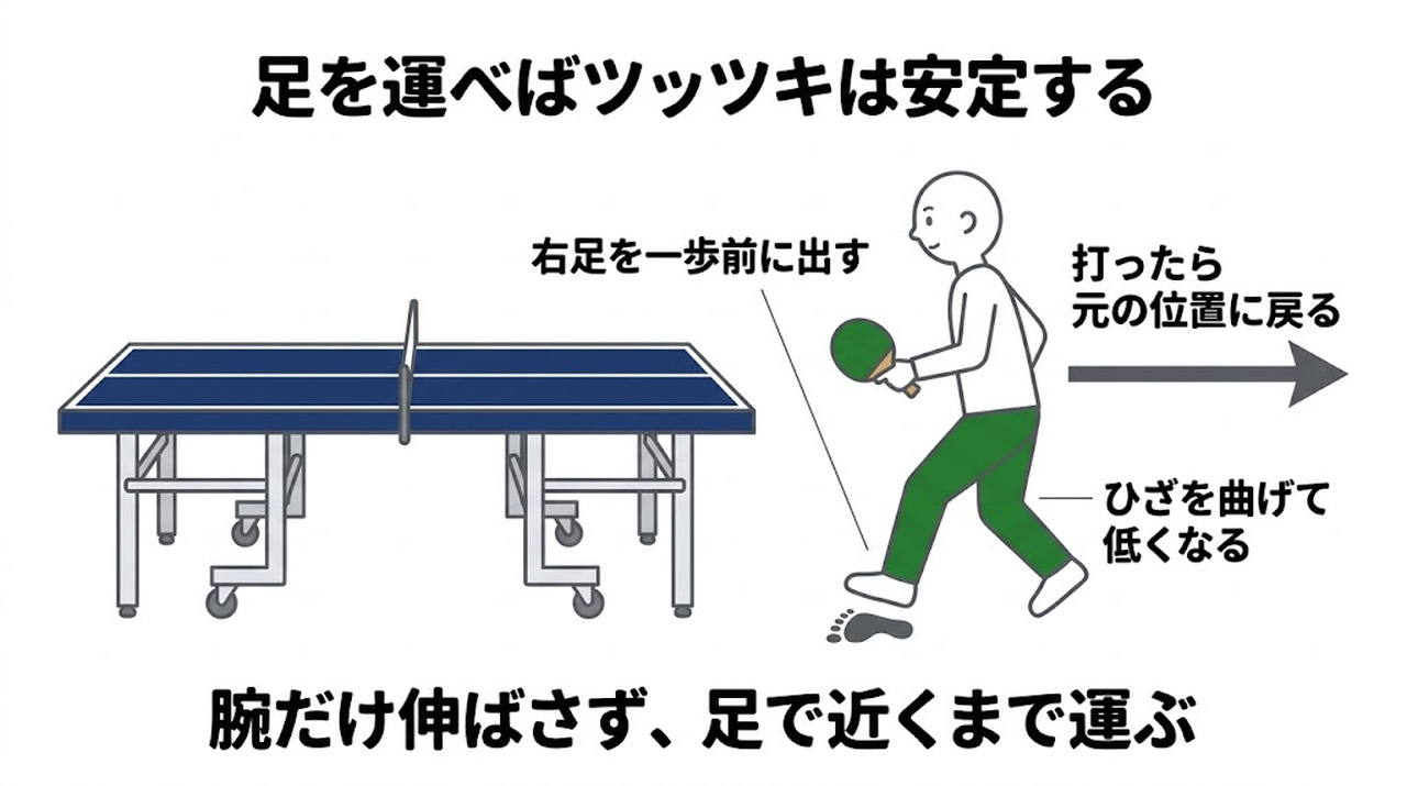 ツッツキは右足を一歩前に出しひざを曲げて低く構えることを示す図