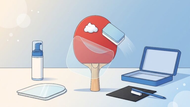 卓球ラバーの手入れ道具一式を机の上に並べたイラスト。赤ラバーのラケットに泡クリーナーの泡とスポンジをあて、泡クリーナーのボトル、保護シート、粒高用ブラシ、ラケットケースが置かれている