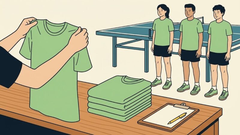 同じ色のシャツを人数分そろえる場面。手前で1着を広げてサイズを確かめており、机の上には同じシャツがたたんで積まれ、記入用のバインダーが置かれている。奥では同じシャツと黒いショーツをそろえた3人が卓球台の前に並んでいる