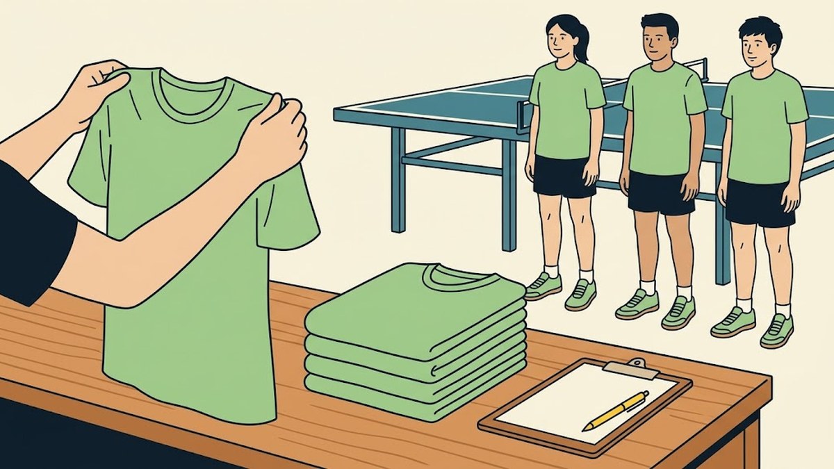同じ色のシャツを人数分そろえる場面。手前で1着を広げてサイズを確かめており、机の上には同じシャツがたたんで積まれ、記入用のバインダーが置かれている。奥では同じシャツと黒いショーツをそろえた3人が卓球台の前に並んでいる