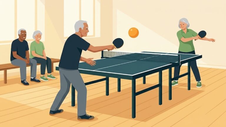 地域の会館でラージボールを打つ2人。オレンジ色の大きめの球が空中にあり、ネットは通常より高い。手前の男性がフォアで打ち終えたところで、奥の女性が構えている。脇のベンチでは2人が順番を待っている