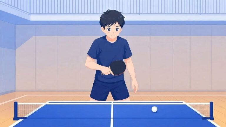 卓球台の向こう側で、ひじをおへその高さで体の前に出し、ラケットを短く構えた中学生の選手