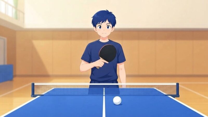 体育館の卓球台の前で、中学生がラケットの黒いラバーの面（バック面）をこちらに見せて構えているイラスト。台の上に白いボールが1個