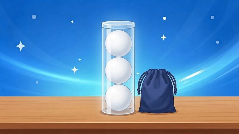 白いボールが3個縦に入った筒型のケースと、代用できる小さな容器と巾着袋