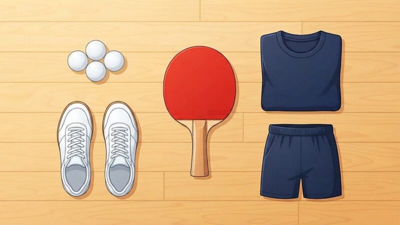 卓球を始めるのに必要な道具一式（ラケット・ボール・シューズ・シャツ・短パン・ケース）を並べた俯瞰