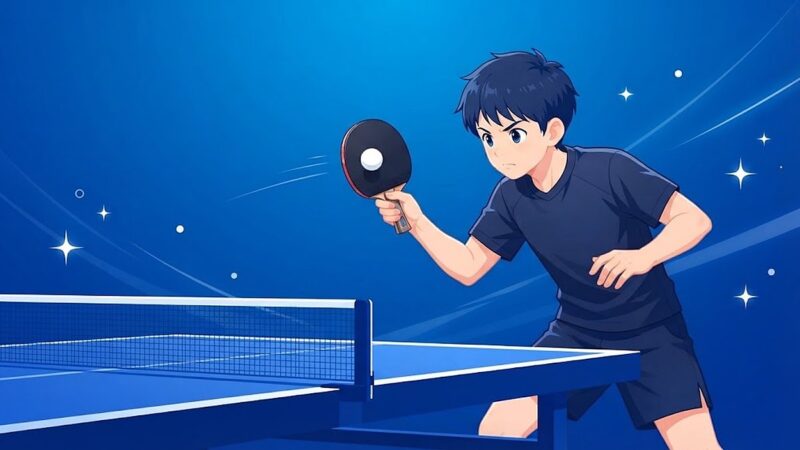 台のすぐ近くでラケットを立てて構え、強いボールを受け止めるブロックの姿勢