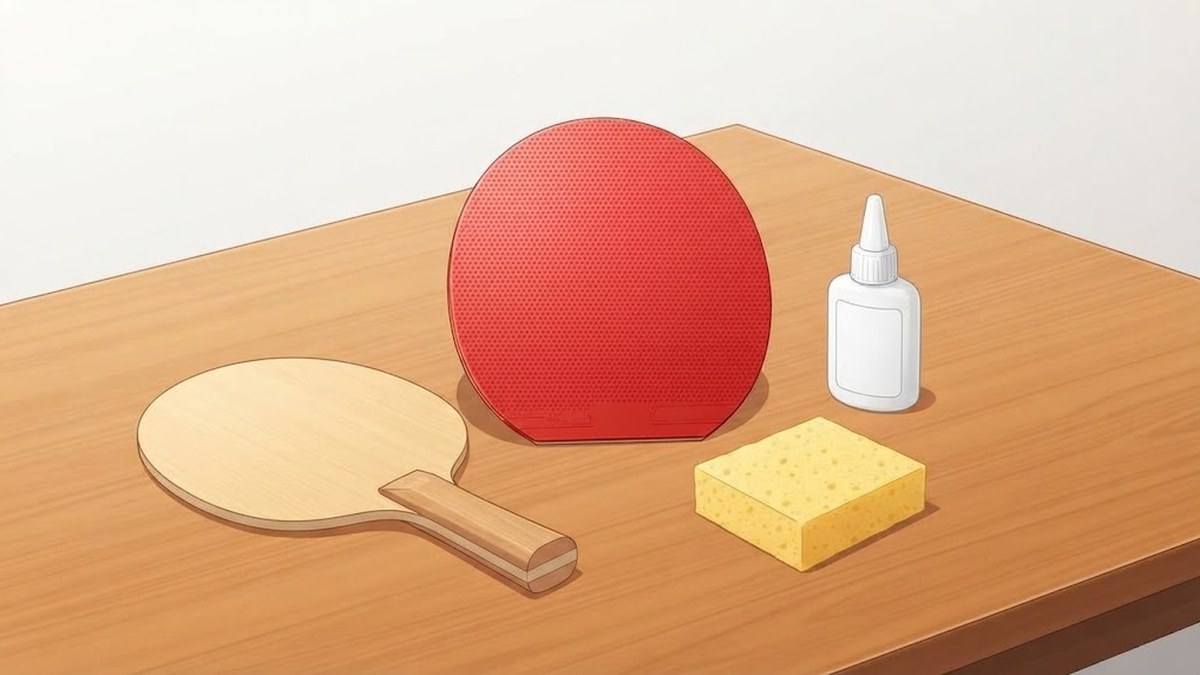 木の机の上に置いた、ラバーを貼っていない白木の卓球ラケット、赤い裏ソフトラバー1枚、無地の白い接着剤のボトル、黄色いスポンジ