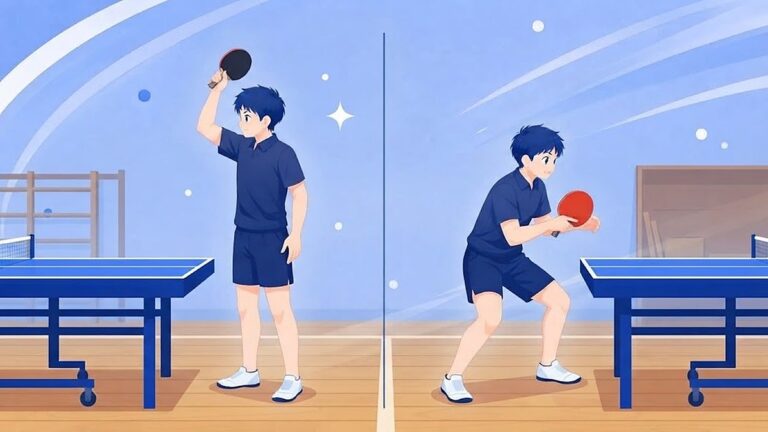 左は棒立ちで腕を振り回す悪い姿勢、右はひざを曲げて低く構える良い姿勢。初心者がやりがちなミスの比較